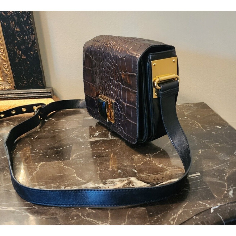 Badgley Mischka Leather Handbag Metallic Brown/Black Croc Embossed Look - Picture 2 of 12